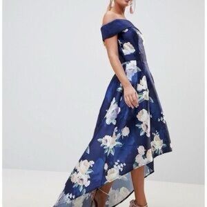 Chi Chi London Navy Floral Off-Shoulder Dress